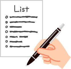 紙に書き出したリストとペンを持つ手