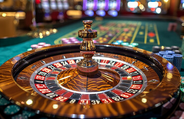 Roulette table in casino. Casino game table with roulette and cards close up