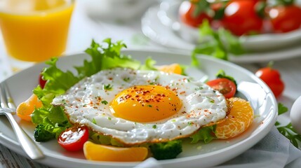 Fresh and healthy breakfast with eggs, orange juice and salad