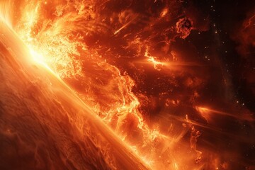 The dynamic movement of a solar flare, with a palette of fiery oranges and reds, cooled by the darkness of space
