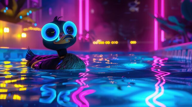 A night scene featuring a cartoon duck with luminous big eyes, swimming in a pool lit by underwater neon lights in vibrant pink and blue hues.