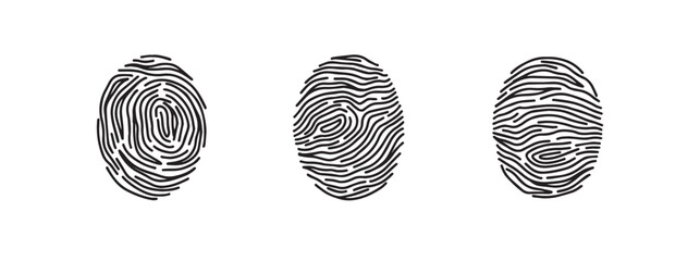 Fingerprint icon set, print hand drawn doodle style. Outline print finger.