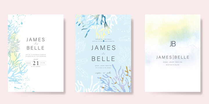 light blue Luxury Wedding Invitation, start invite thank you, rsvp modern card Design in sea coral and seaweed decorative Vector elegant rustic template