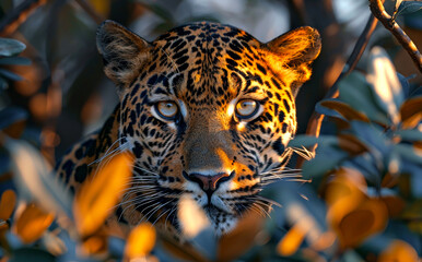 Jaguar looking directly at the camera through the leaves of tree in the Pantanal Brazil.