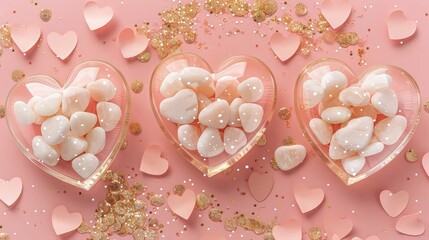 A pastel coral pink background adorned with transparent hearts containing smooth white pebbles, enhanced by golden glitter, suitable for an elegant baby girl birth announcement.