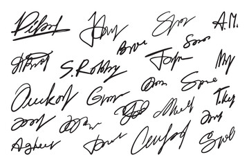 Autographs handwritten pen signatures documents. Hand signature templates, abstract autograph