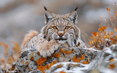 Eurasian lynx rests in the orange foliage of the autumn forest. Wilderness Wonders - Powered by Adobe