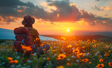 Woman sits on flower meadow and looks at the sunset