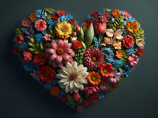 heart made of flowers, 3D flowers, Devine, surreal, ornate, studio, Adobe design, roots, design