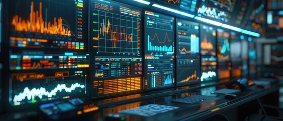 Smart trading floor with AI assistants providing real-time analytics, interactive surfaces displaying financial models and forecasts