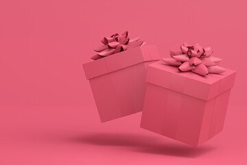 Gift boxes with ribbon and bow for Christmas flying and falling on monochrome