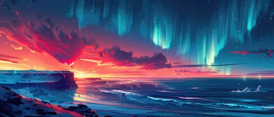 Vibrant digital illustration of the Aurora Borealis over the Icelandic landscape, with iconic landmarks subtly integrated, embodying the spirit of adventure