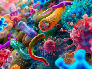 Obraz premium Illustrate a diverse catalog of extraterrestrial microbes under a microscope