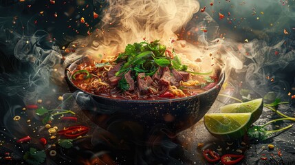 Vivid digital art piece of a Vietnamese pho noodle soup, focusing on the steam rising from the bowl, with detailed ingredients like herbs, lime, and beef slices