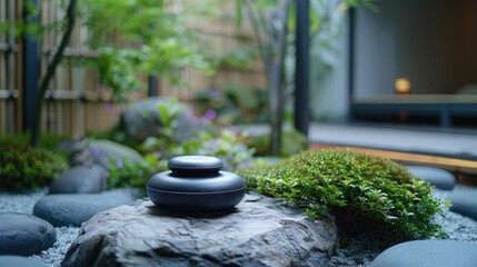 Wearable technology for stress relief, displaying biometrics in a zen garden interface, soft dawn light