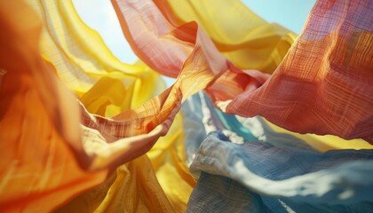 Obraz premium Illustrate a whimsical scene of fabric swatches fluttering in a gentle breeze