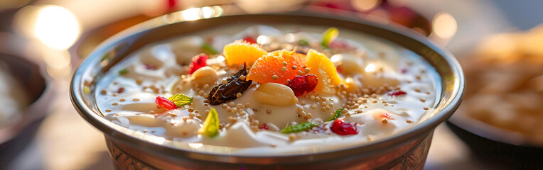 Kheer mix is in the bowl and lookin so yummy with sunlight and bokeh background