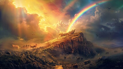 Visualize Noah's Ark resting on Mount Ararat after the floodwaters recede. Include a majestic rainbow in the sky as a symbol of God's promise. Show Noah and his family emerging from the ark
