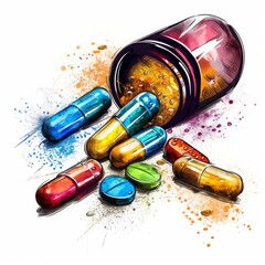 Colorful dietary supplement capsules and powders on a clean white background, Modern, Sketch.