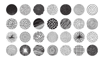 Hand drawn circles doodle texture. Round trendy abstract set black shapes with lines, circles, drops. Hand drawn organic doodle shapes.