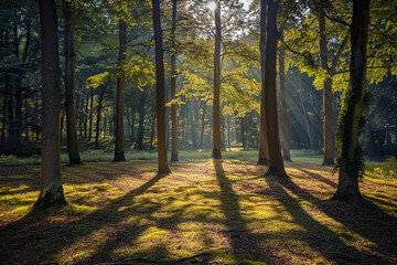 A peaceful woodland glade with sunlight filtering through the tall trees
