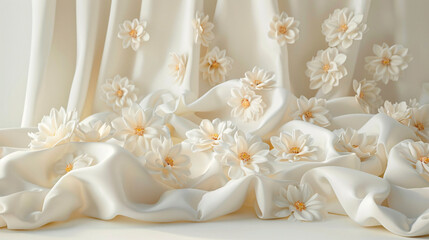 Delicate cloth texture with subtle folds and gentle floral shadows cast by sunlight, perfect for elegant wedding designs