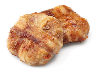 two grilled burger meat with bacon isolated on white background. clipping path