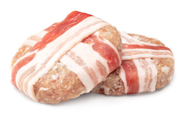 two raw burger meat with bacon isolated on white background. clipping path