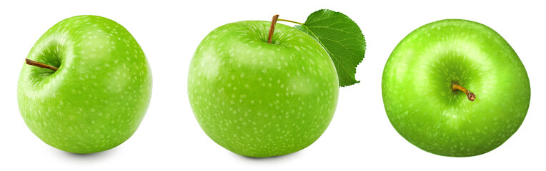 green apples with green leaves isolated on white background. clipping path