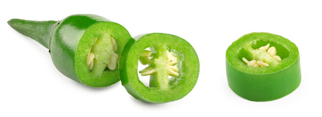sliced green hot chili peppers isolated on white background clipping path