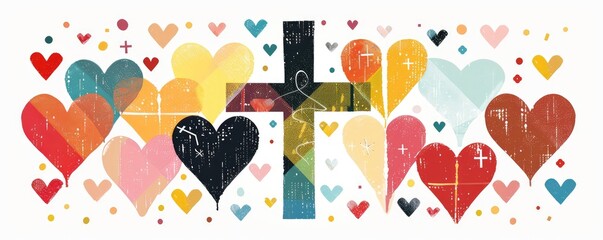 Vibrant composition of overlapping hearts in multiple colors forming an abstract pattern representing love. - Powered by Adobe