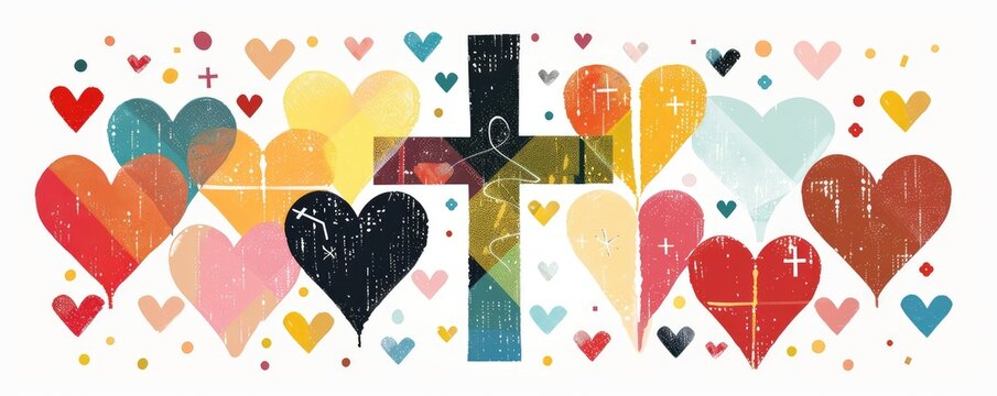 Vibrant composition of overlapping hearts in multiple colors forming an abstract pattern representing love.