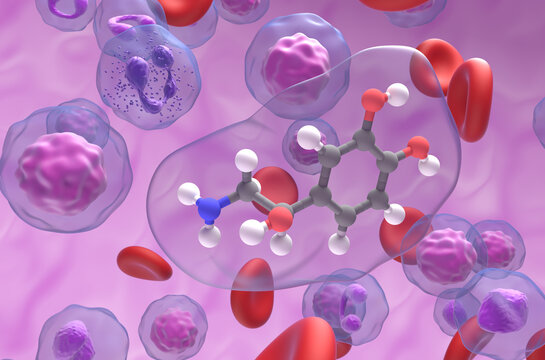 Norepinephrine (NE) [noradrenaline (NA)] molecule in the blood flow - closeup view 3d illustration