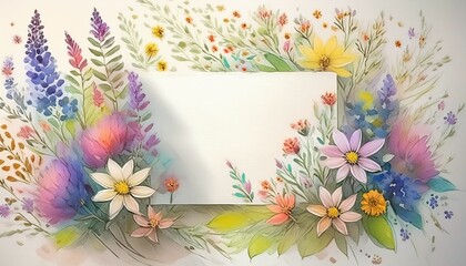 A watercolor background of plants and flowers with copy space