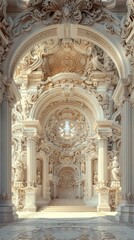 Exquisite 3D illustration of Baroque architecture, featuring ornate details, grand arches, and elaborate sculptures, capturing the opulence and grandeur of the Baroque era in a vertical 9:16 aspect