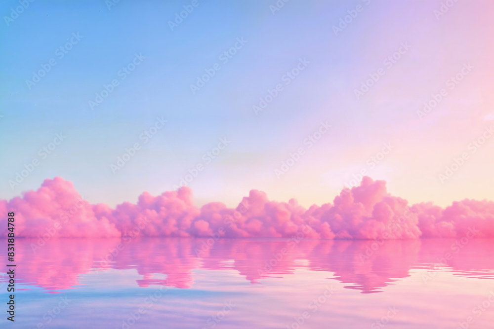 Poster serene scene of pink clouds reflecting in calm water at sunset, creating a tranquil and dreamy atmos