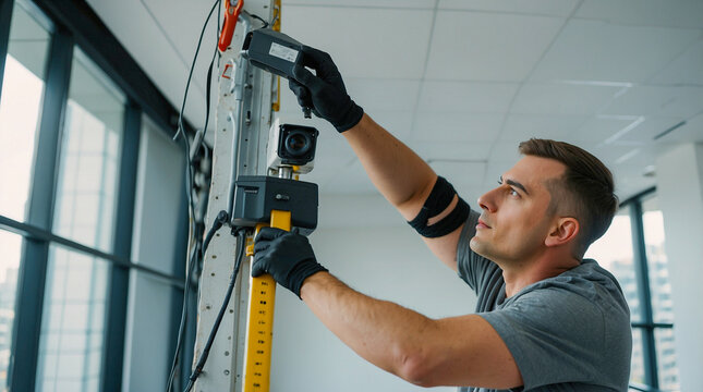 A skilled man meticulously adjusts a wall mounted camera, ensuring precision in capturing every detail