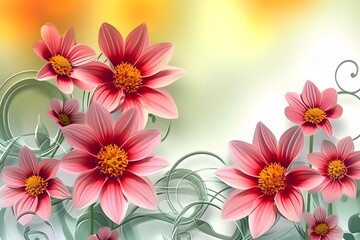Fototapeta premium 3d wallpaper stretch ceiling decoration with orange and yellow flowers, pink peonies and white swirls. Background vector for wall mural.