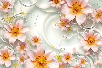 Obraz premium 3d wallpaper stretch ceiling decoration with orange and yellow flowers, pink peonies and white swirls. Background vector for wall mural.