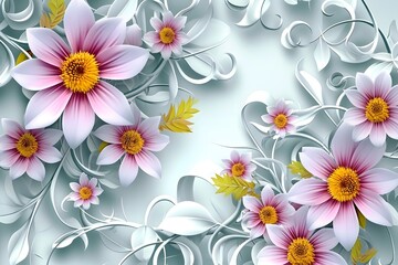 Naklejka premium 3d wallpaper stretch ceiling decoration with orange and yellow flowers, pink peonies and white swirls. Background vector for wall mural.