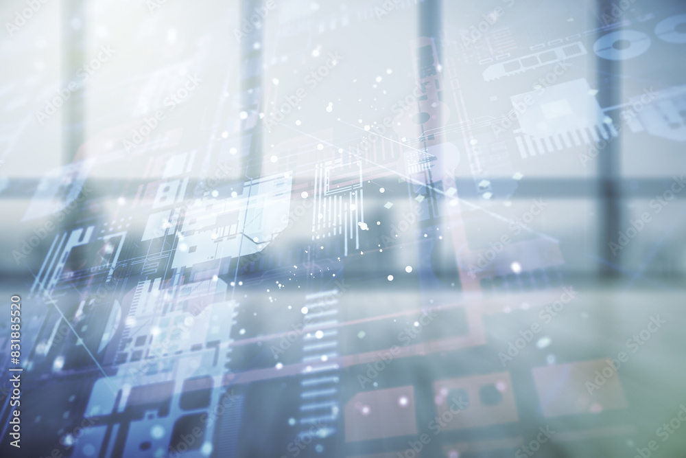 Poster abstract virtual coding concept on empty corporate office background. multiexposure