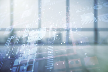 Obraz premium Abstract virtual coding concept on empty corporate office background. Multiexposure