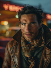 Fototapeta premium A rugged man in a leather jacket and scarf at night with a serious expression.
