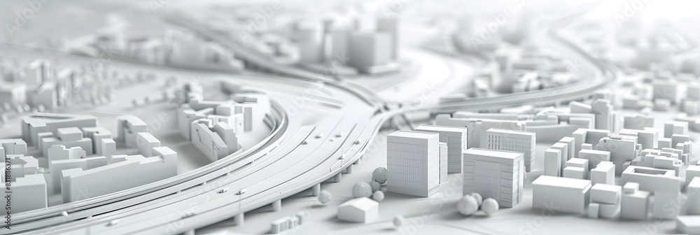 Fototapete 3d rendering of white map scene with city roads buildings top view isometric perspective