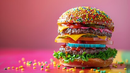 Prideful Palette: Colorful Rainbow Cheeseburger with Vibrant Toppings for Festive Pride Month...