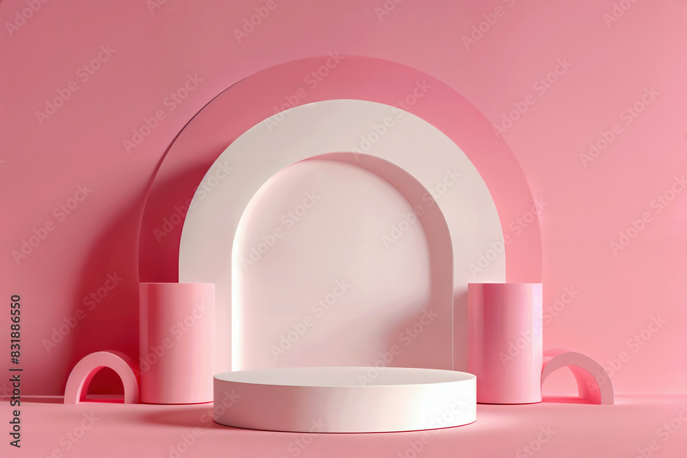 Poster geometric display featuring pink and white elements with an arch, ideal for modern product presentat