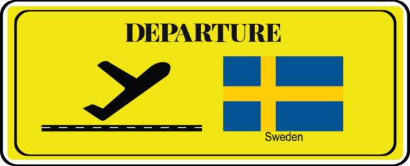 Departure signboard, destination sign, Sweden flag