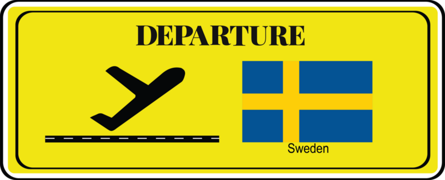 Departure signboard, destination sign, Sweden flag