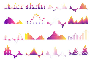 Obraz premium Sound waves set, audio digital equalizer technology. Voice line waveform, volume level symbol. Musical pulse Illustrations on white background