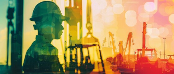 Obraz premium Logistics workers in action close up, focus on, copy space, vibrant colors, Double exposure silhouette with forklifts